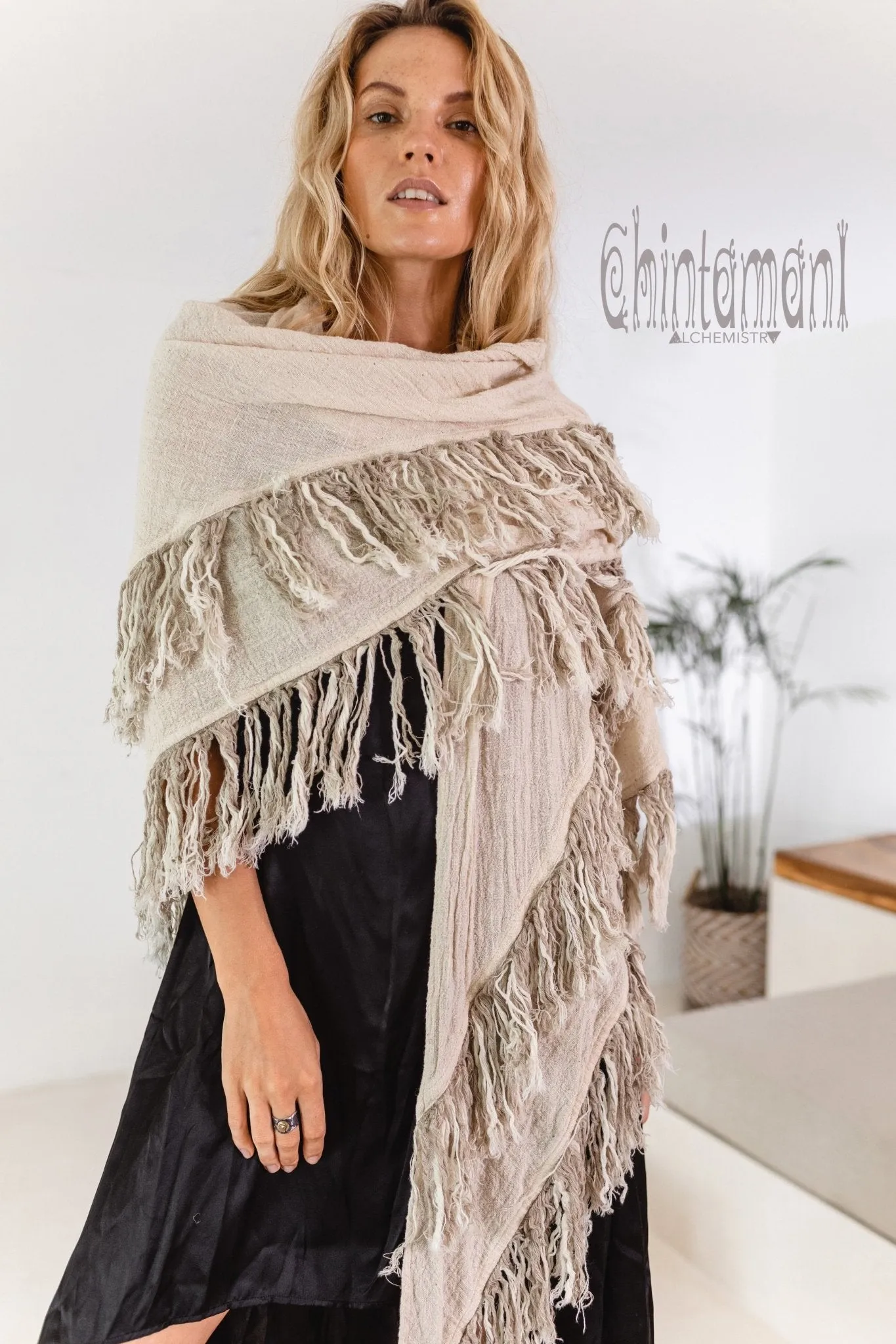 Alma Libra Fringe Boho Shawl ∆ Bohemian Scarf / Off White