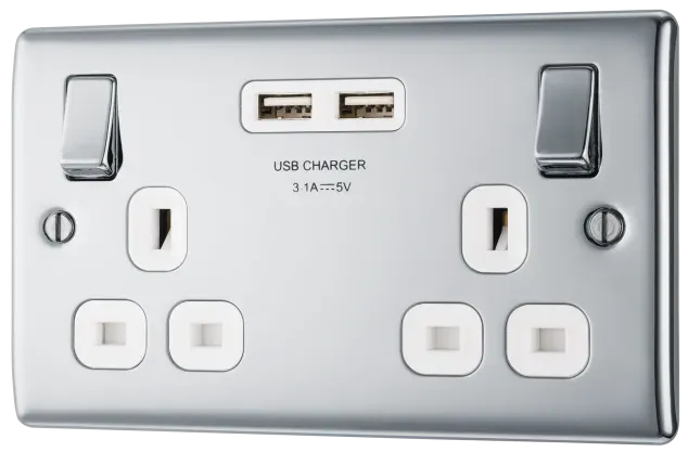 BG Nexus Metal USB Double Switched Fast Charging Power Socket with Two USB Charging Ports 13A in Polished Chrome with White Inserts - NPC22U3W