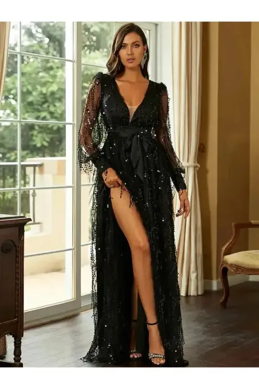 Sequin Tassel Deep-V High Slit Maxi Evening Dress