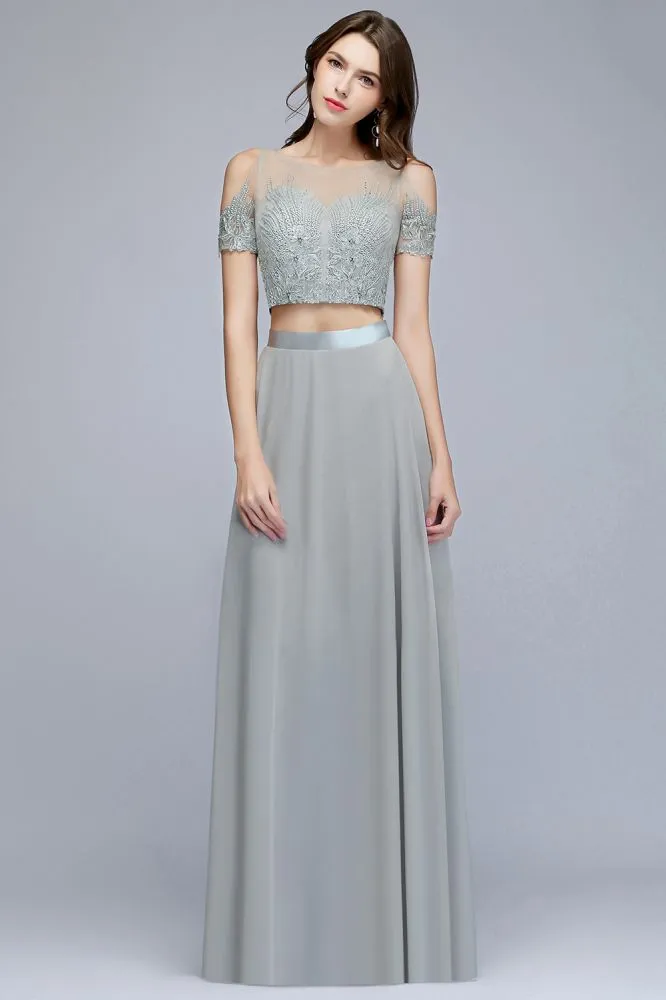 Two-piece Floor Length Appliqued Chiffon Prom Dresses